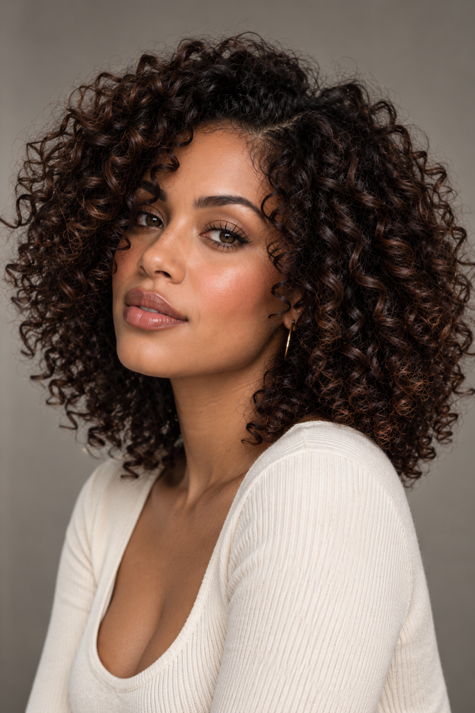 Dense natural curls in a deep espresso brown shade with subtle coffee reflections