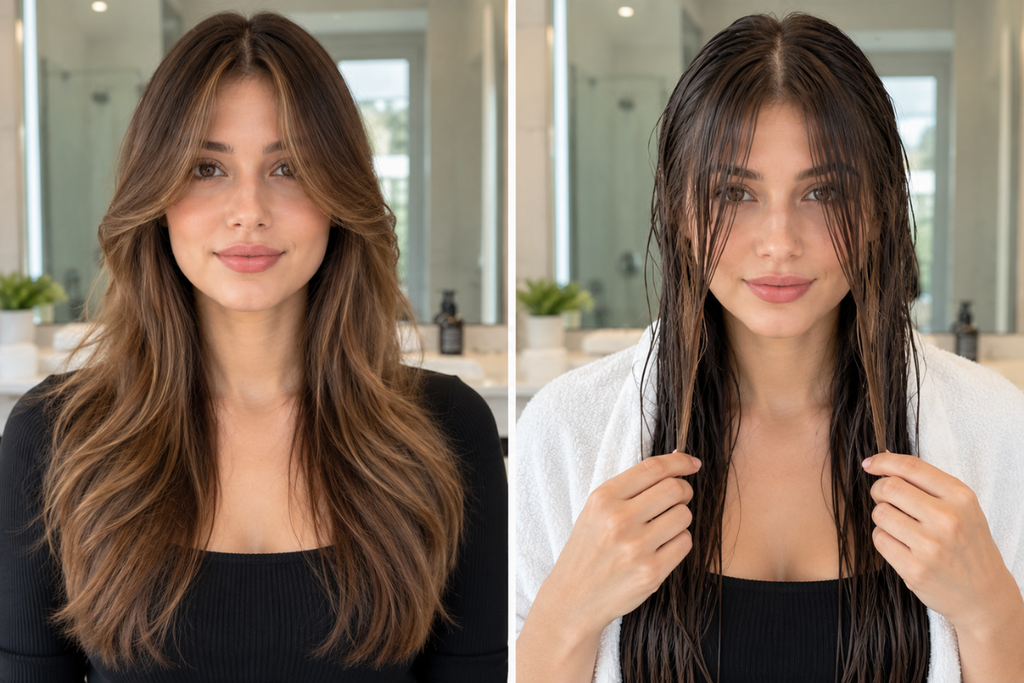 Dry and damp hair preparation before cutting curtain bangs