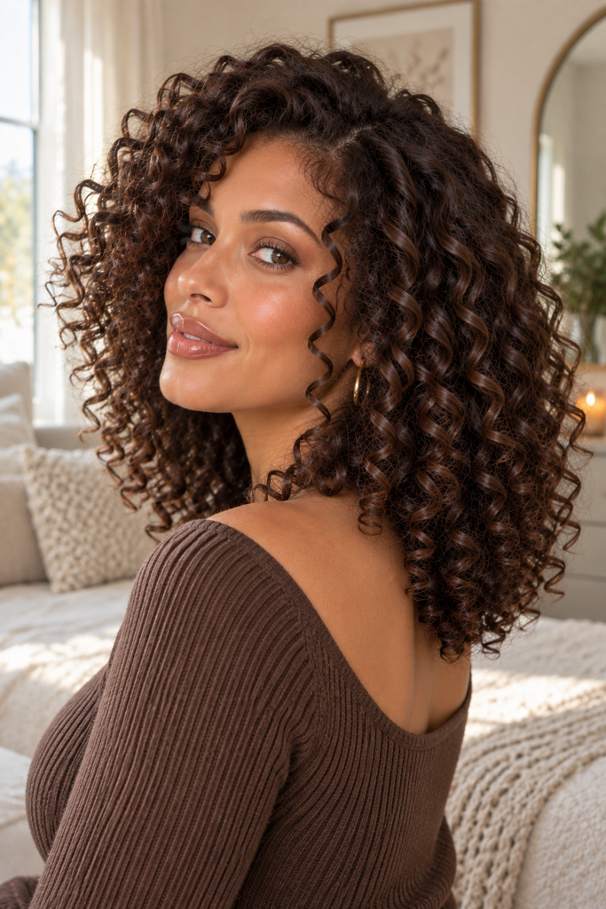 Espresso mocha brown hair color on ringlet curls