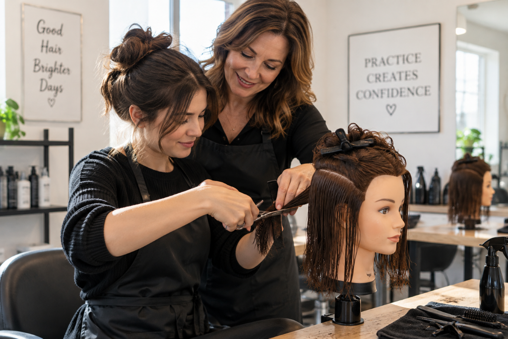 Experienced stylist teaching a beginner how to start cutting hair correctly