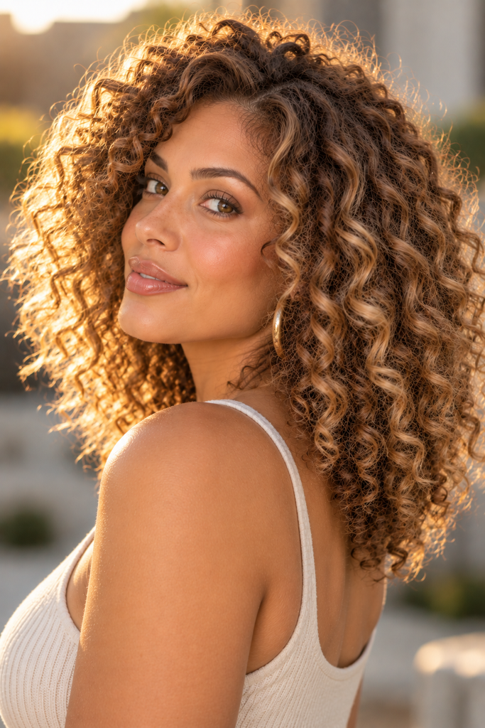 Golden bronde hair color on voluminous curly hair