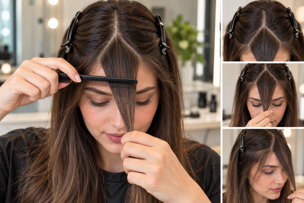 Woman cutting curtain bangs step by step with hair scissors