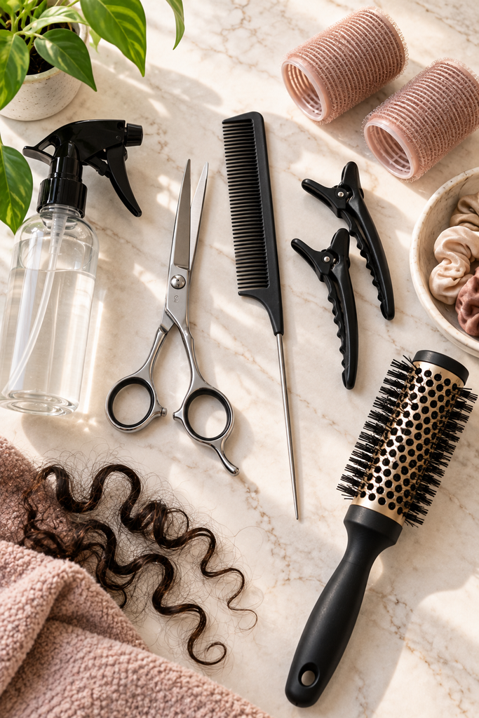 Hair shears, tail comb, clips, spray bottle, round brush, and rollers arranged on a cream marble surface