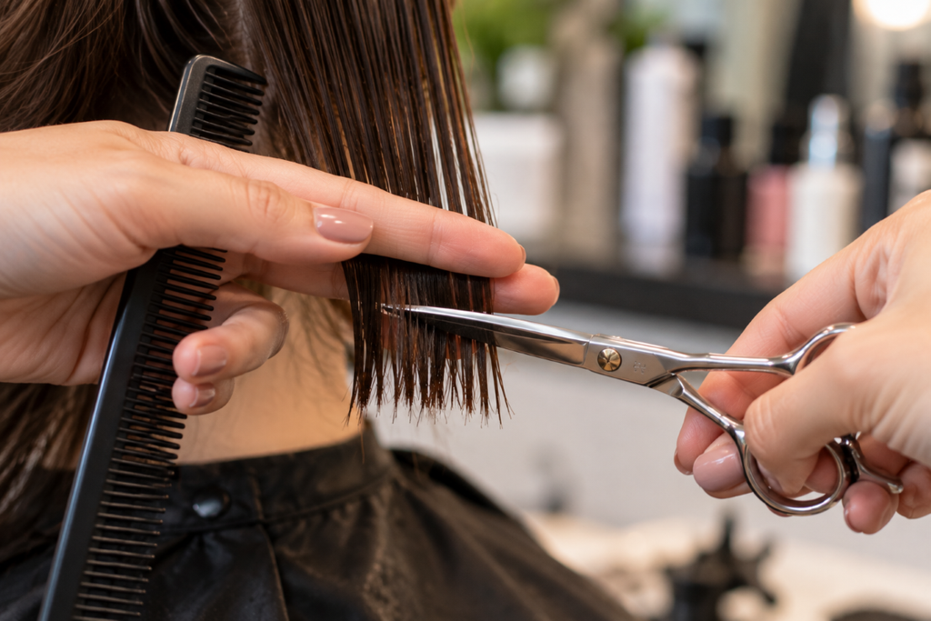 Hands demonstrating a blunt cut technique for beginner haircutting