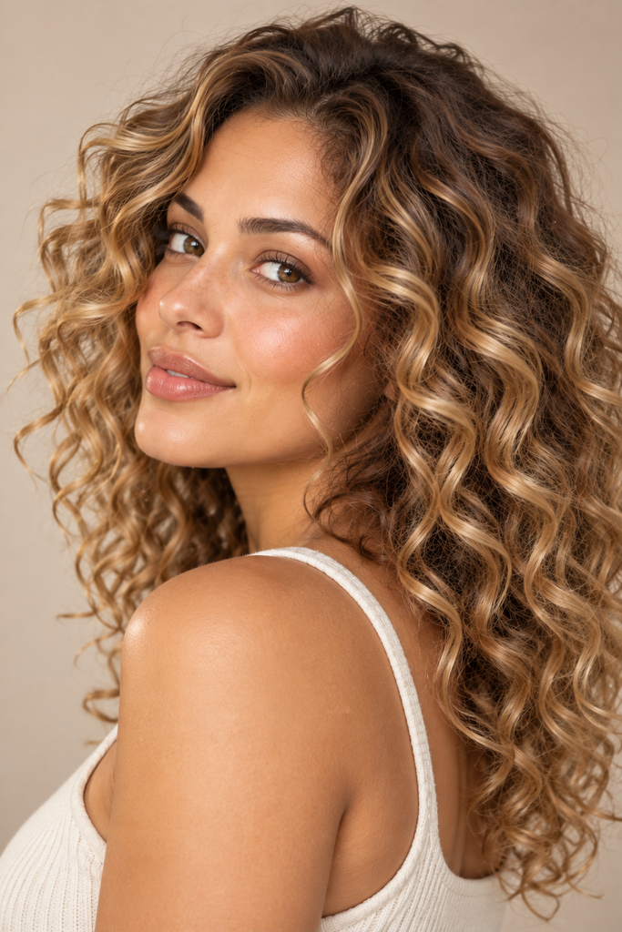 Honey blonde highlights on loose curly hair with root shadow