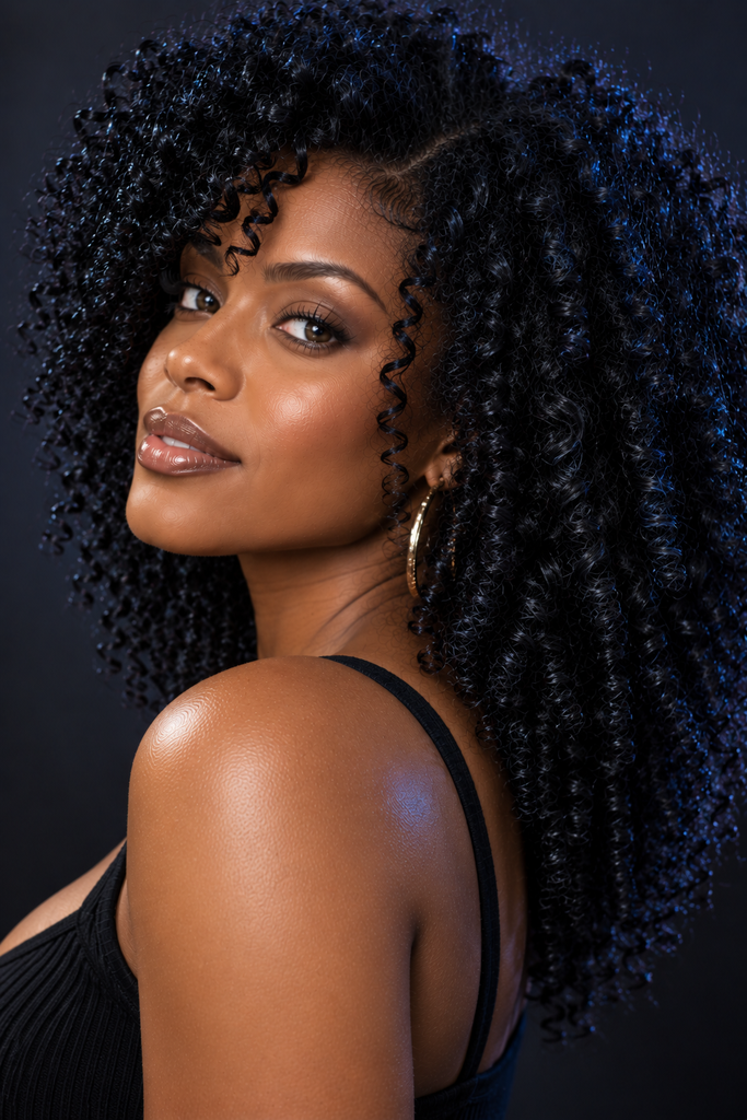 Jet black curly hair with subtle blue sheen