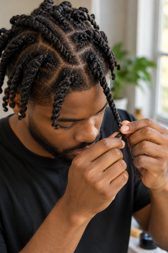 Man's hands doing two strand twists for men step-by-step on natural coily hair