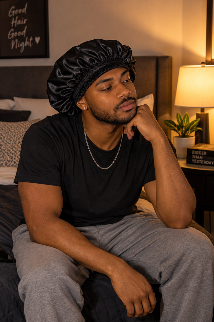 Man protecting two strand twists for men overnight with a satin bonnet