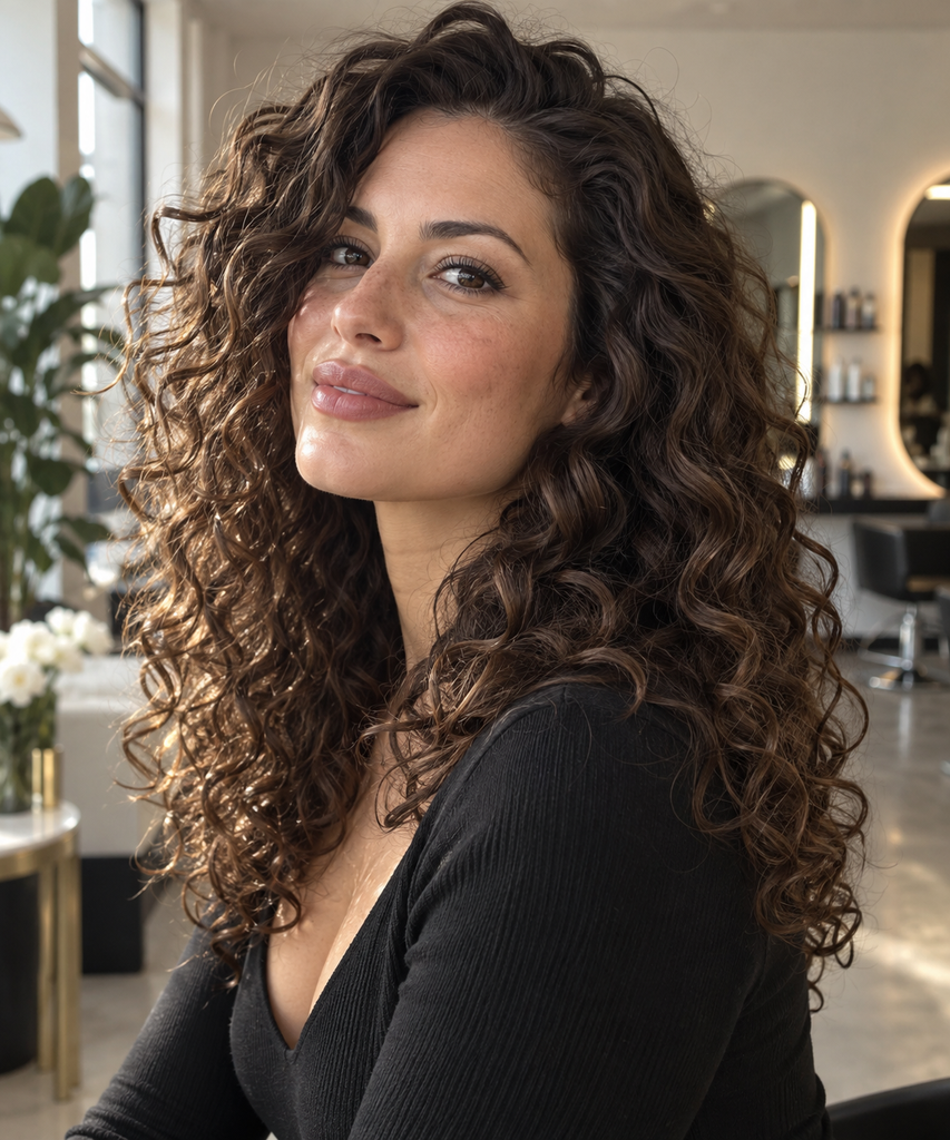 Medium-length natural curls in a rich chocolate brown shade with subtle cocoa dimension.