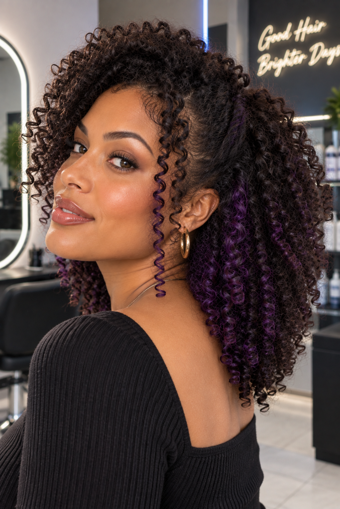 Peekaboo purple hidden underlayer on thick curly hair