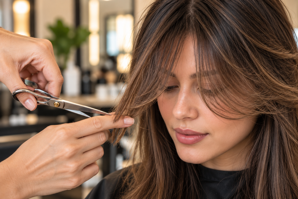 Hair sectioned into a triangle for cutting curtain bangs