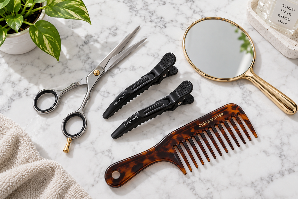 Sharp hair shears, curl clips and wide-tooth comb laid out for how to cut bangs for curly hair