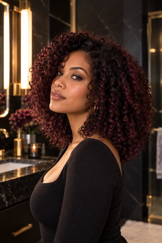 Shoulder-length tight natural curls with deep plum-brown and subtle violet reflections.