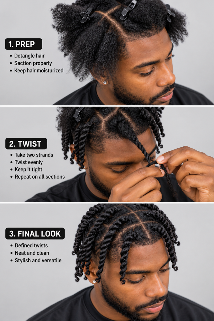 Step by step photos showing how to do two strand twists for men on natural hair