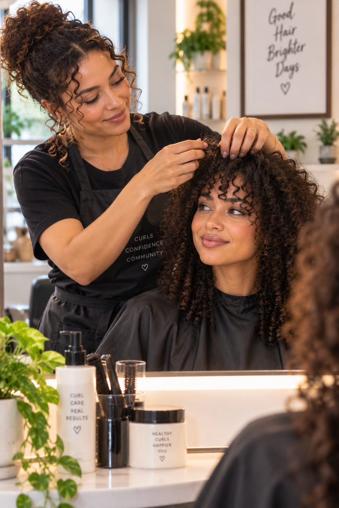 Stylist checking how curly bangs fall on a client's dry natural curls before trimming