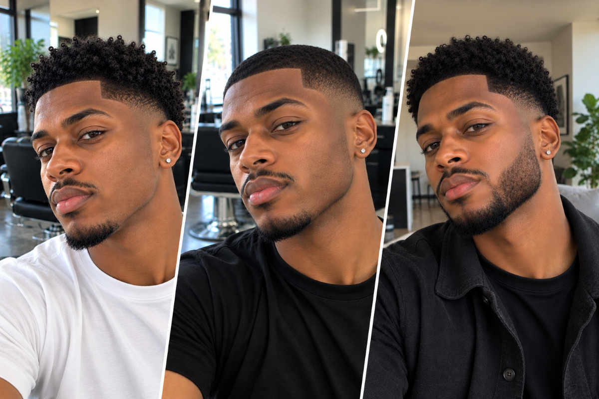 Three Black men’s short hair looks featuring low taper fade haircuts with natural curls, close-cut texture, and a neatly groomed beard, shown in a stylish three-panel collage.