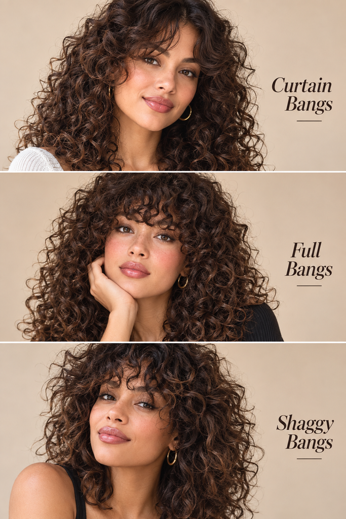 Three curly bang styles side by side: curtain bangs, full bangs, and shaggy bangs on natural curls
