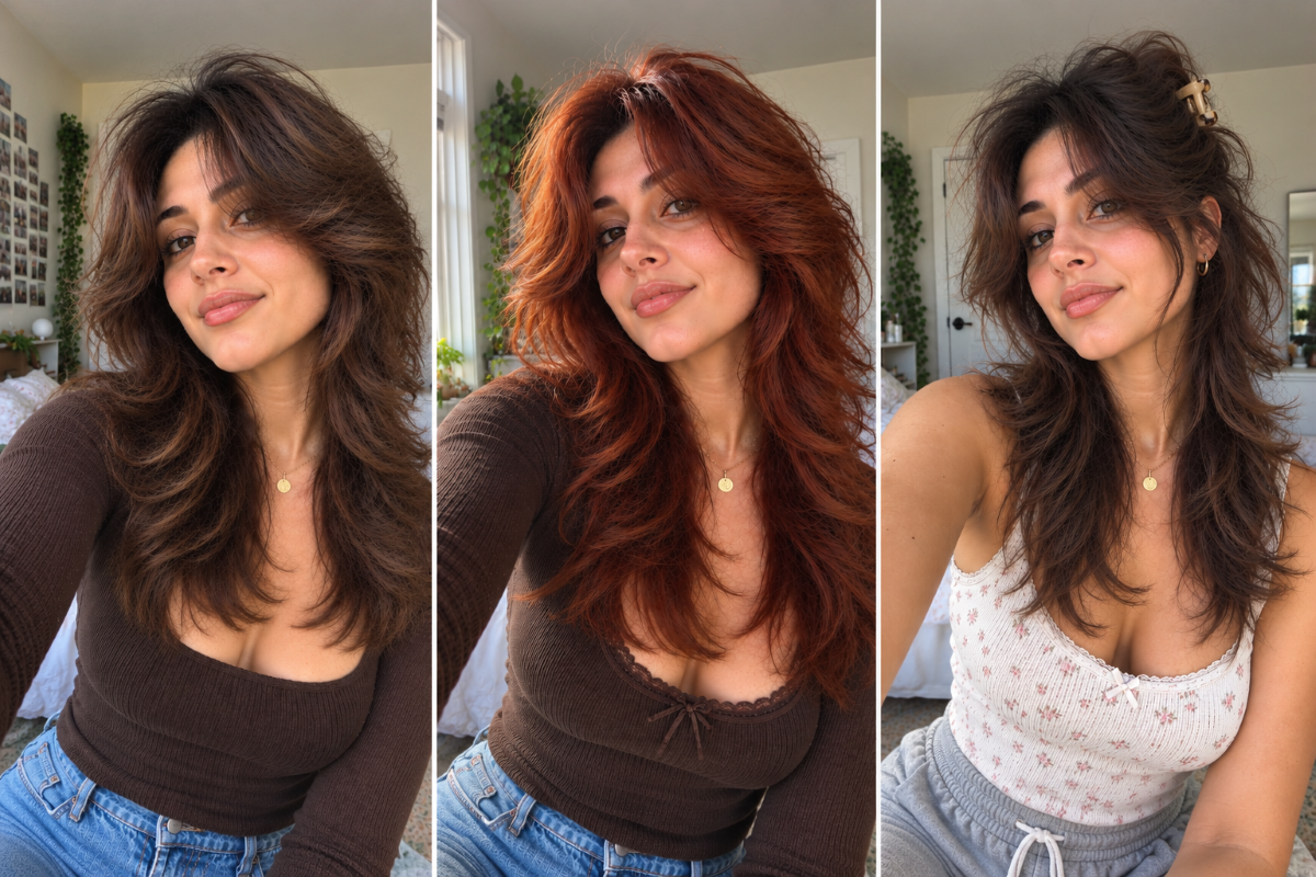 Three wolf cut hairstyles with curtain bangs shown in a photorealistic selfie collage, featuring brown, copper-red, and half-up layered hair looks.