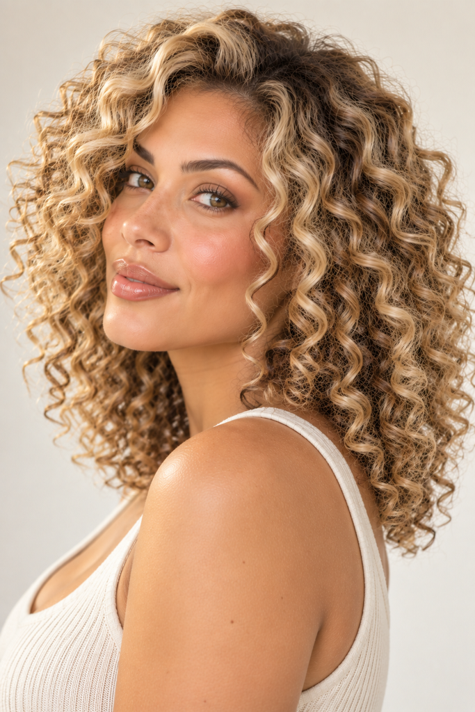 Toffee brown lowlights on light blonde curly hair