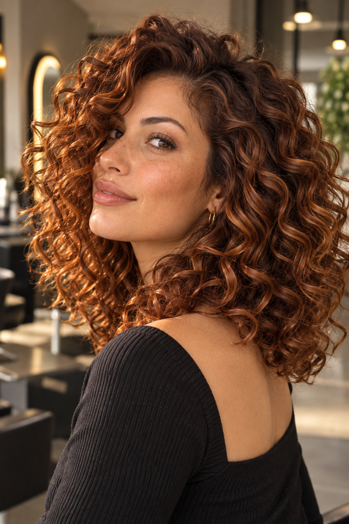 Voluminous natural curls in a dimensional warm copper shade with deeper roots