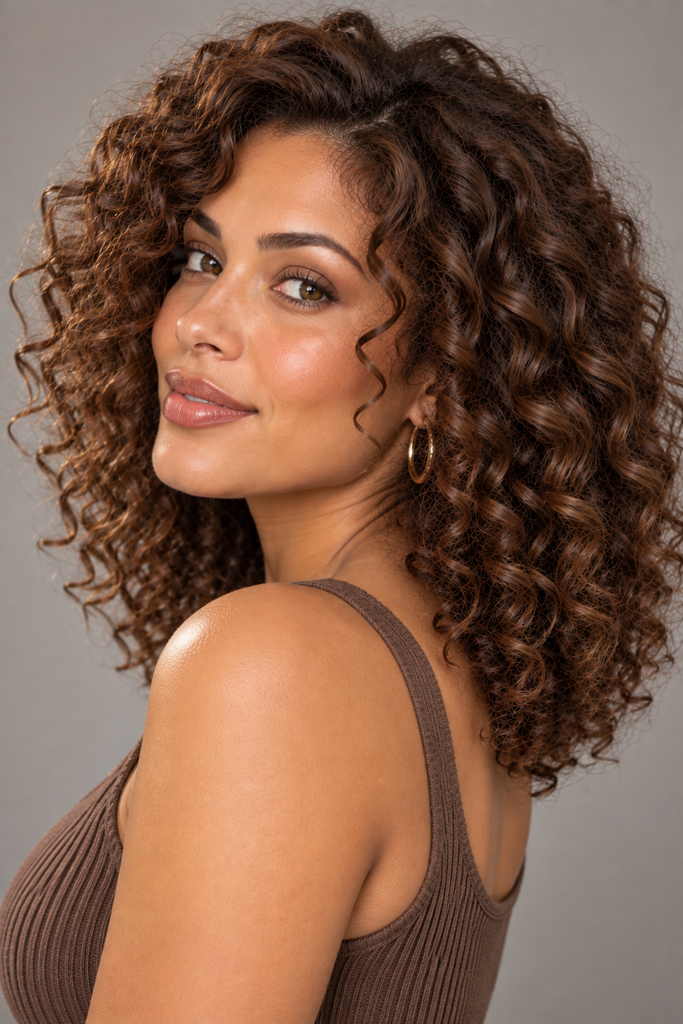 Warm chestnut brown hair color on shoulder-length curls