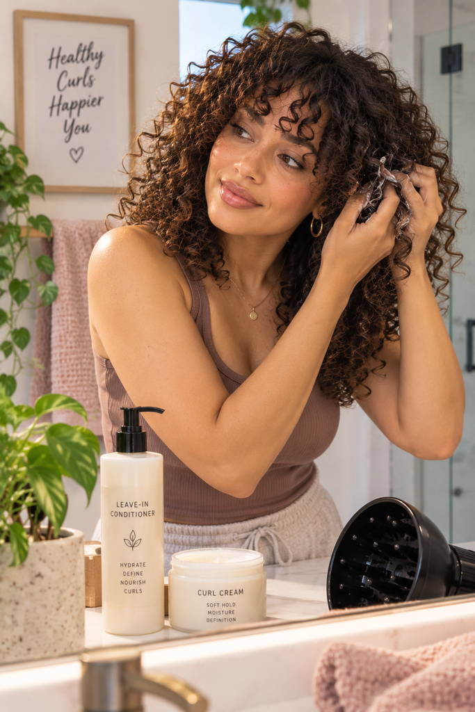 Woman scrunching curl cream into defined curly bangs during her wash day styling routine