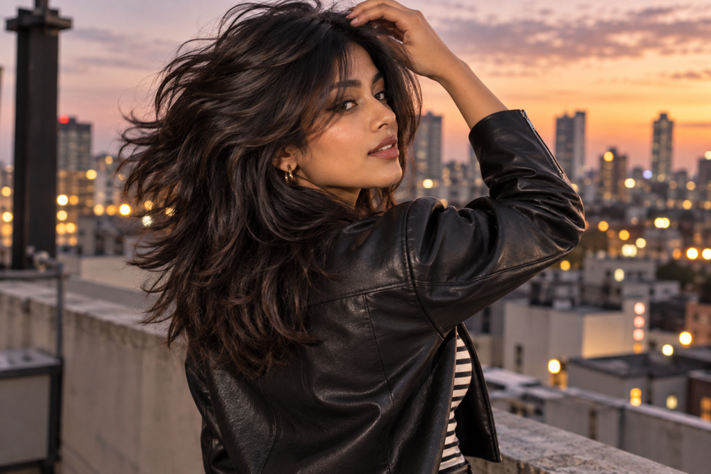 Woman with a wolf cut, a trendy layered medium length hairstyle