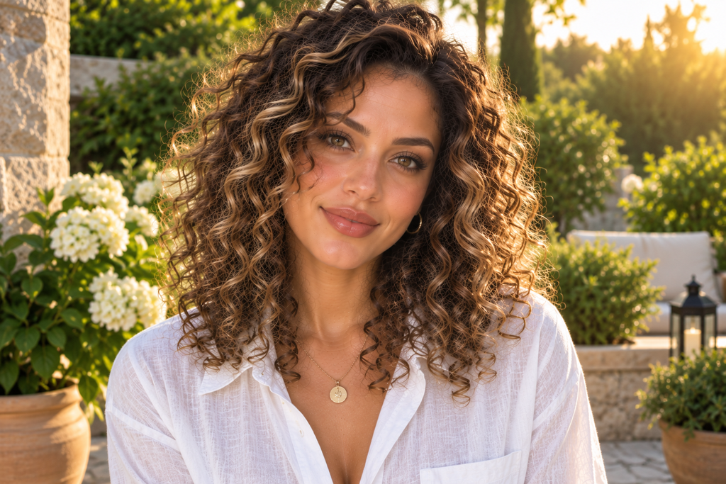 Woman with shoulder-length curly hair featuring hidden red peekaboo highlights