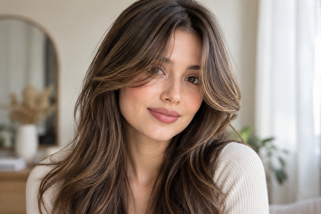 Woman with soft curtain bangs framing her face