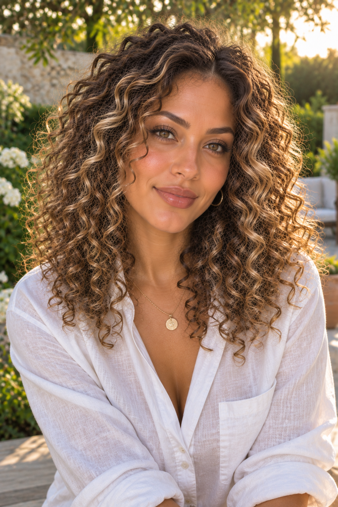 Woman with medium-length curly hair in dimensional bronde color