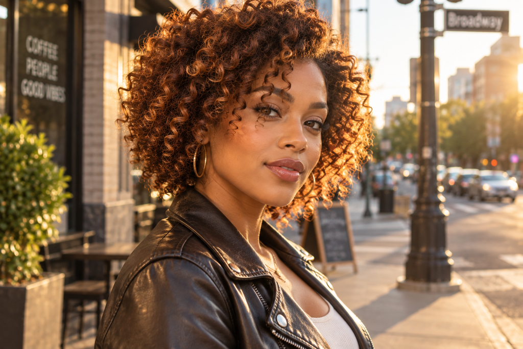 Woman with long curly hair in toffee brown balayage wearing a cardigan