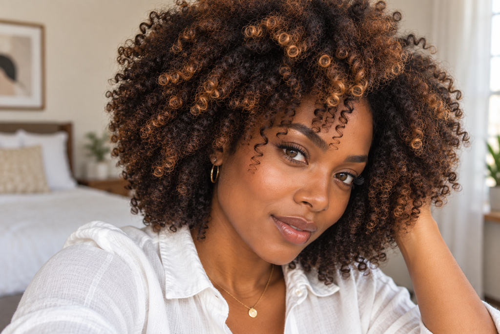 Close-up of coily 4B hair with fine caramel highlights near the crown