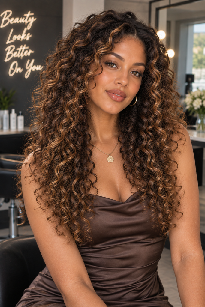 Woman with long curly hair featuring fine caramel highlights woven throughout