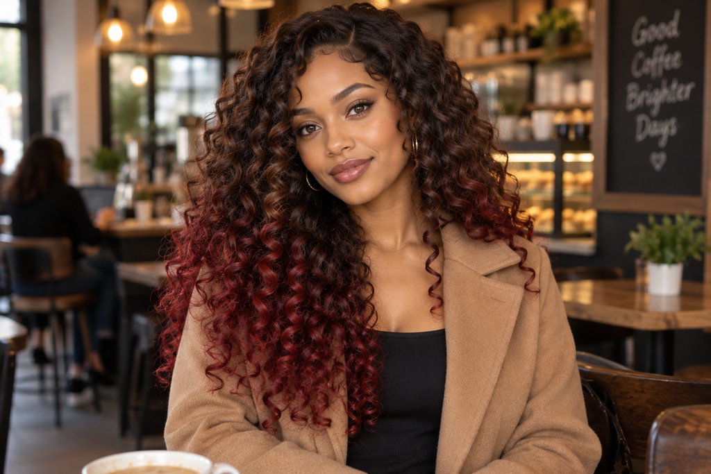 Woman with long curly hair in chocolate brown to cherry red color melt