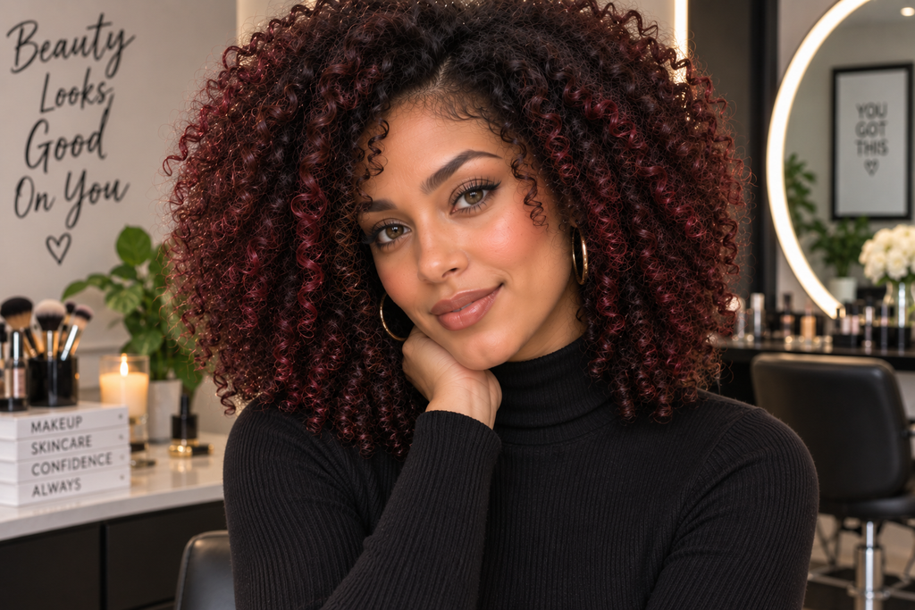 Woman with dark coily hair featuring subtle deep burgundy accent curls wearing a turtleneck.