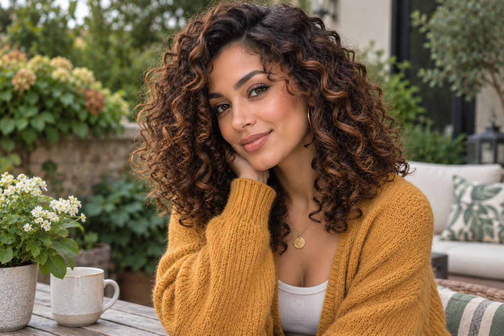 Woman with dark curls and cinnamon ribbons wearing a mustard cardigan.