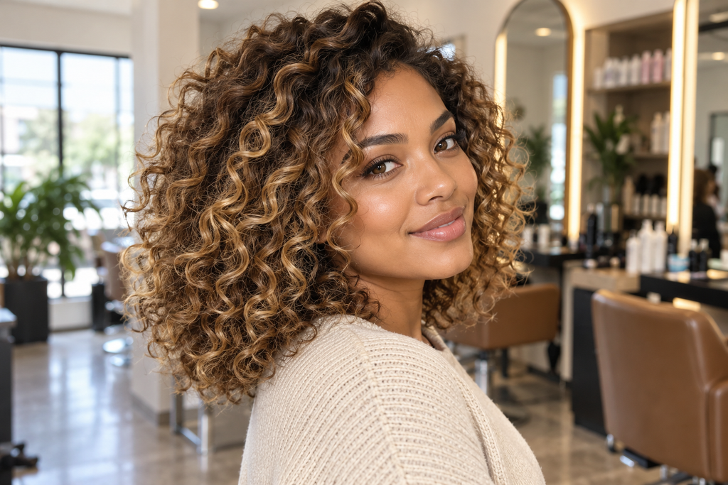 Woman with medium-length curly hair in golden honey balayage wearing a cream sweater