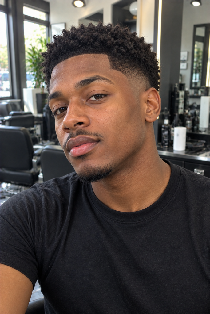 Black man with short natural curls and a clean low taper fade haircut