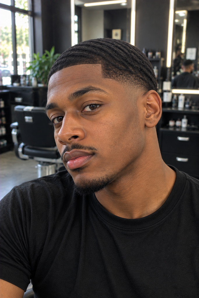 Black man with short hair, sharp line-up, and low taper fade.