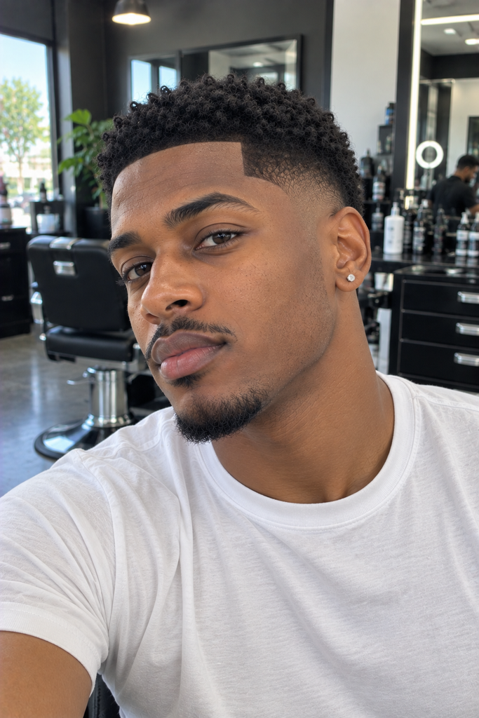 Black man with short hair, sharp line-up, and low taper fade