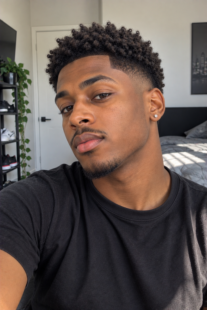 Black man with short sponge curls and a low taper fade.