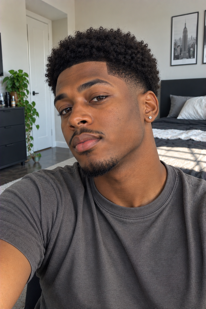 Black man with a short textured afro and low taper fade.
