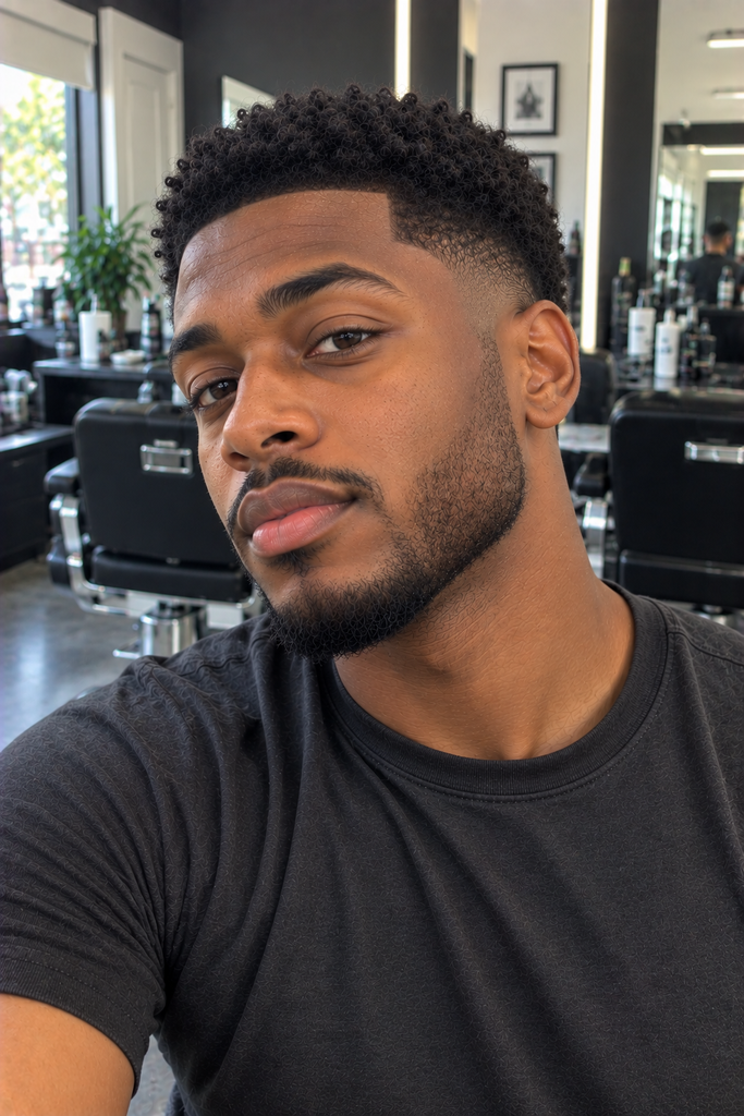 Black man with short textured hair and a low temple taper fade.