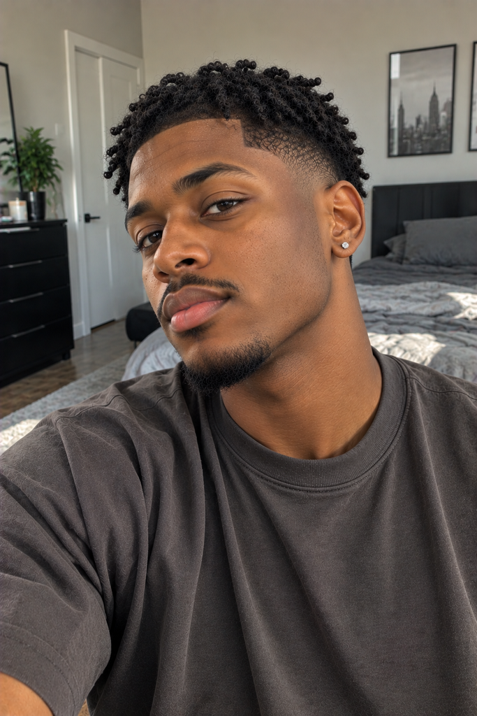 Black man with short twists and a clean low taper fade.