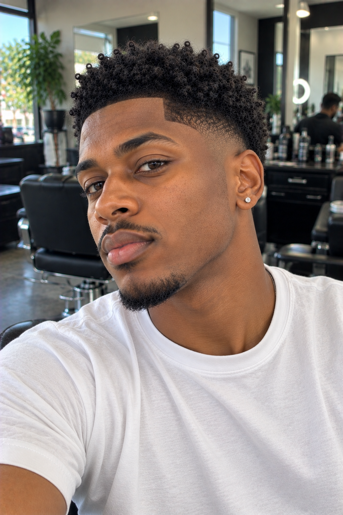Black man with short natural coils and a low taper fade.