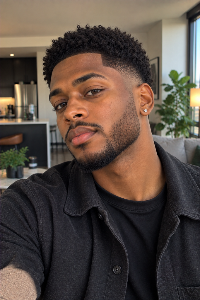 Black man with short textured hair, low taper fade, and short beard.