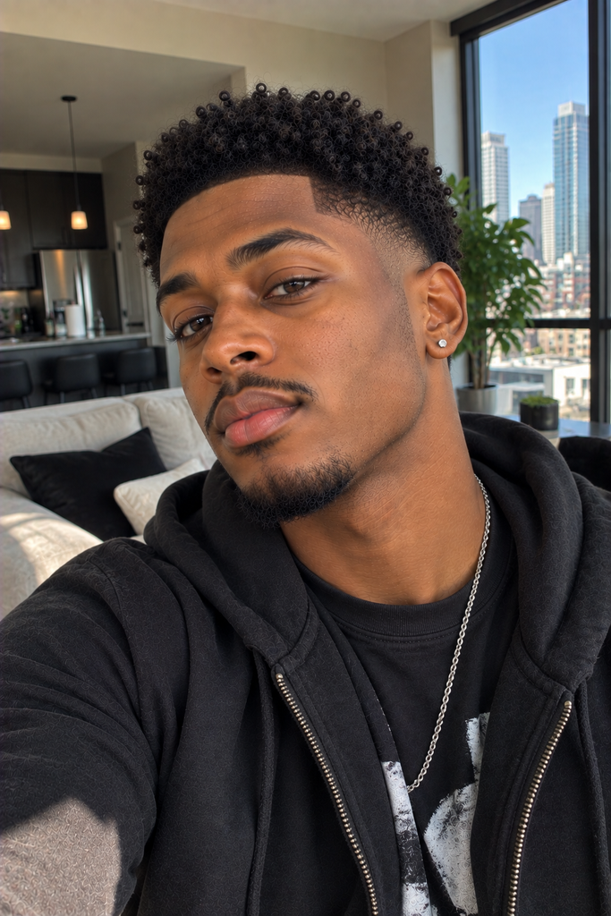 Black man with curly top hair and a low taper fade.