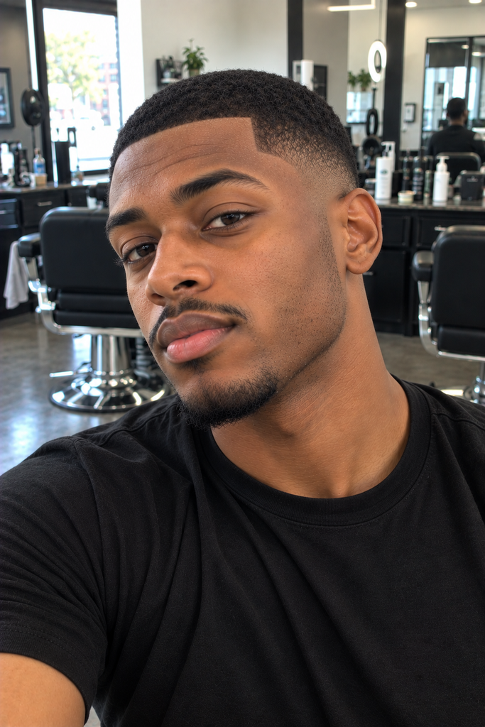 Black man with a short buzz cut and subtle low taper fade.