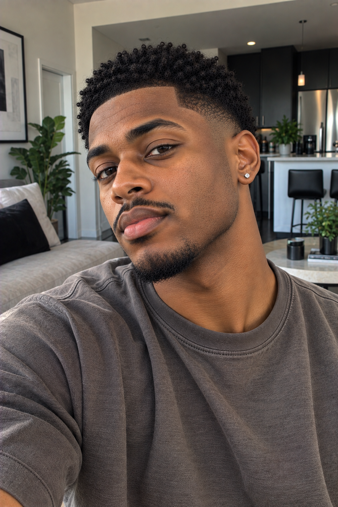 Black man with short natural textured hair and a clean low taper fade.