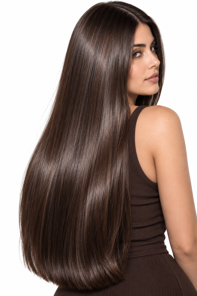 Long espresso brown hair with subtle mocha micro-highlights styled in soft waves on a woman against a white studio background.
